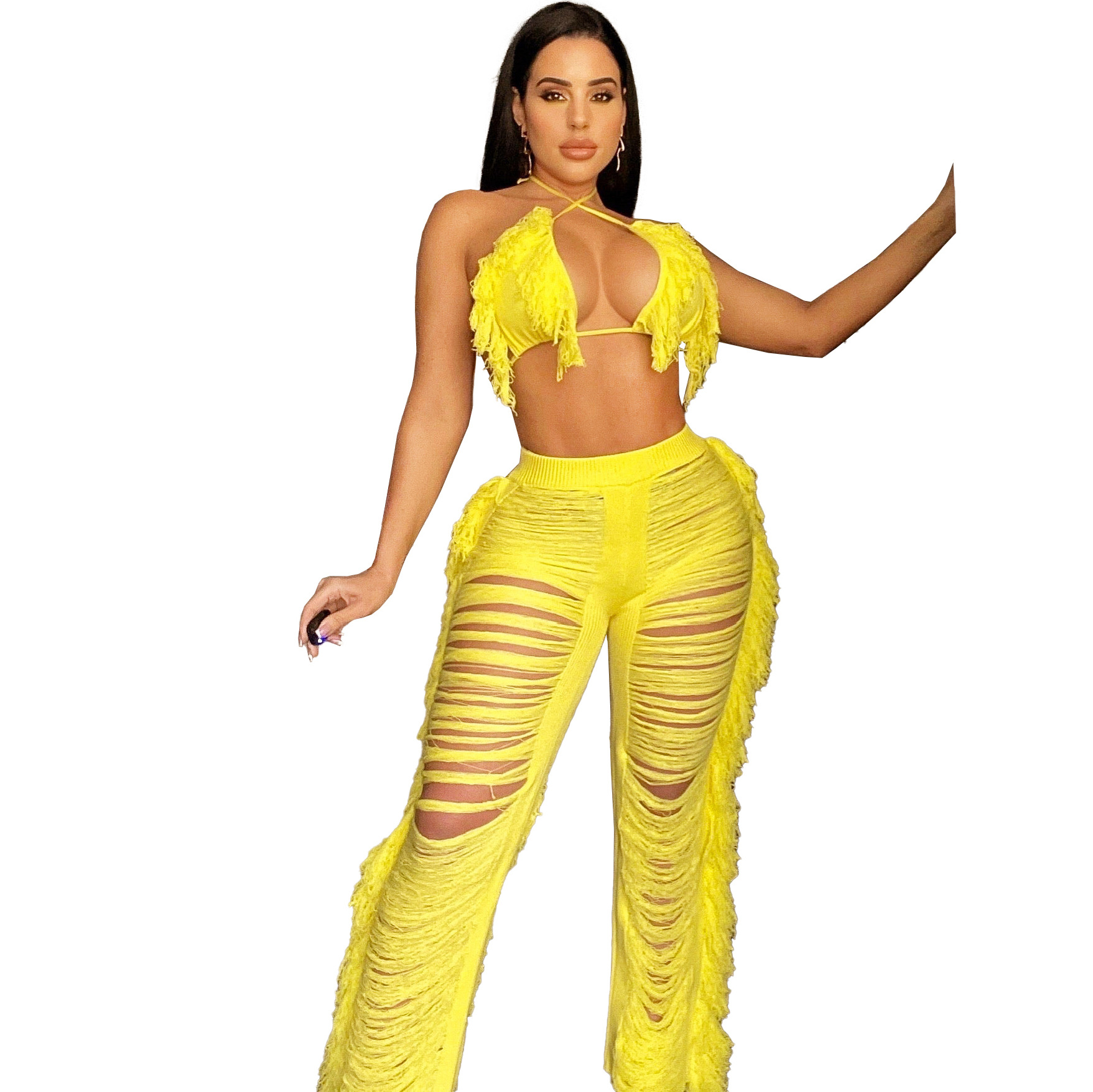 Women's Clothing summer new women's sexy tassel knitted pants suit_voghion.com