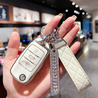 Car key bag – for Changan Lumin Key Case - changan-folding-milk-white-single-shell-white-diamond-rope-number-plate