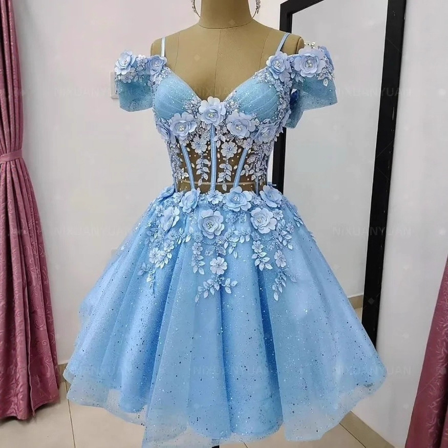 Sparkly Short Evening Dresses Off the Shoulder Appliques Tulle Cocktail Dresses Robe De Cocktail Prom Gowns 2025