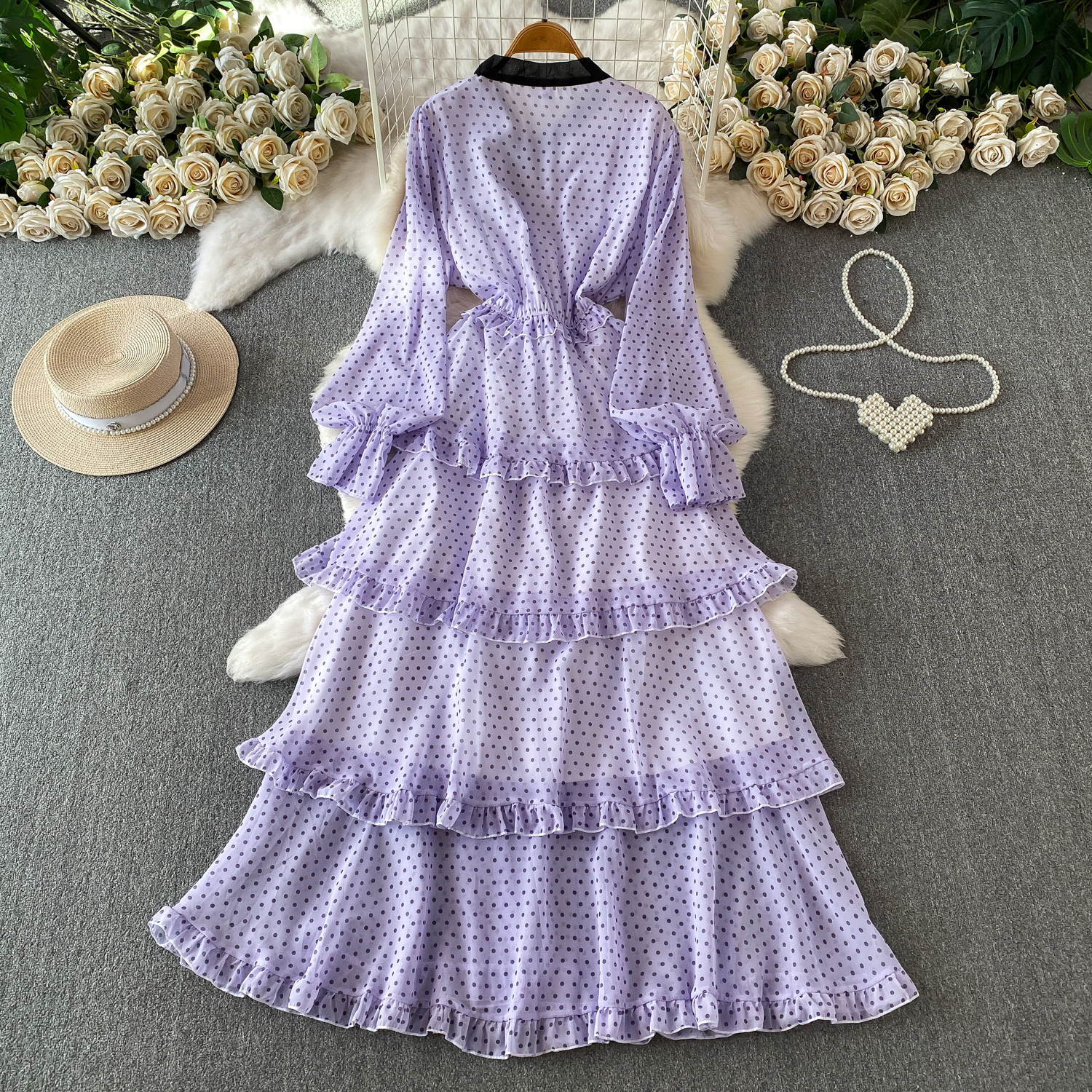 Women's French Sweet Color Block Bow V Neck Long Sleeve Dress Summer Polka Dot Ruffle Hem Elegant Long Skirt_ecoleips.com