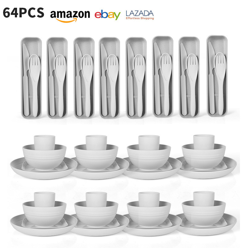 Cross-border Trade Milk White Thickened Wheat Straw Dishes Household Plate Dishes Cup Knife, Fork and Spoon Tableware Set