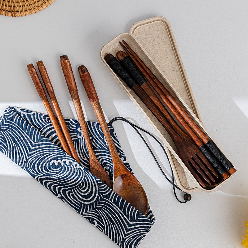Japanese wooden tableware chopsticks fork spoon student work travel portable set wooden spoon wooden fork creative Wholesale