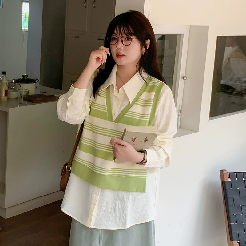 Женская рубашка больших размеров с длинным рукавом, новая осенняя полосатая модель «фальш-двойка», свободный повседневный топ 310622