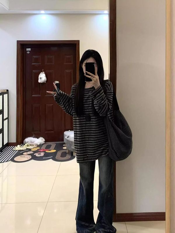 早秋美式黑灰条纹长袖t恤女秋季韩系宽松打底衫慵懒风松弛感上衣|undefined