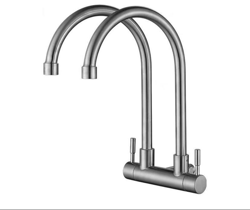 Double-Handled Double-Pipe Double-Control One-Inlet Two-Outlet Double-Use Vegetable Basin Vertical Faucet Stainless Steel Vegetable Basin Vertical Universal One-Hole