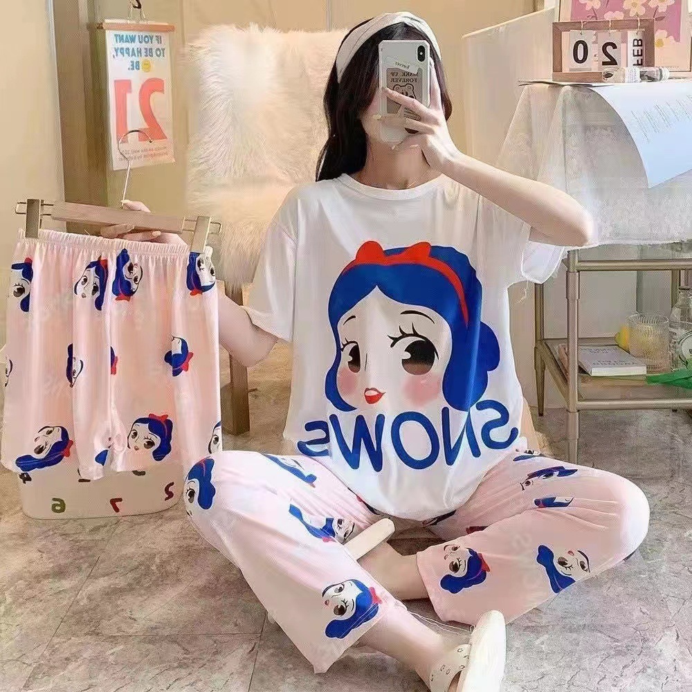 [conjunto de tres piezas] pijamas de mujer nuevo cuello redondo de verano manga corta ropa casera casual pantalones cortos sueltos set