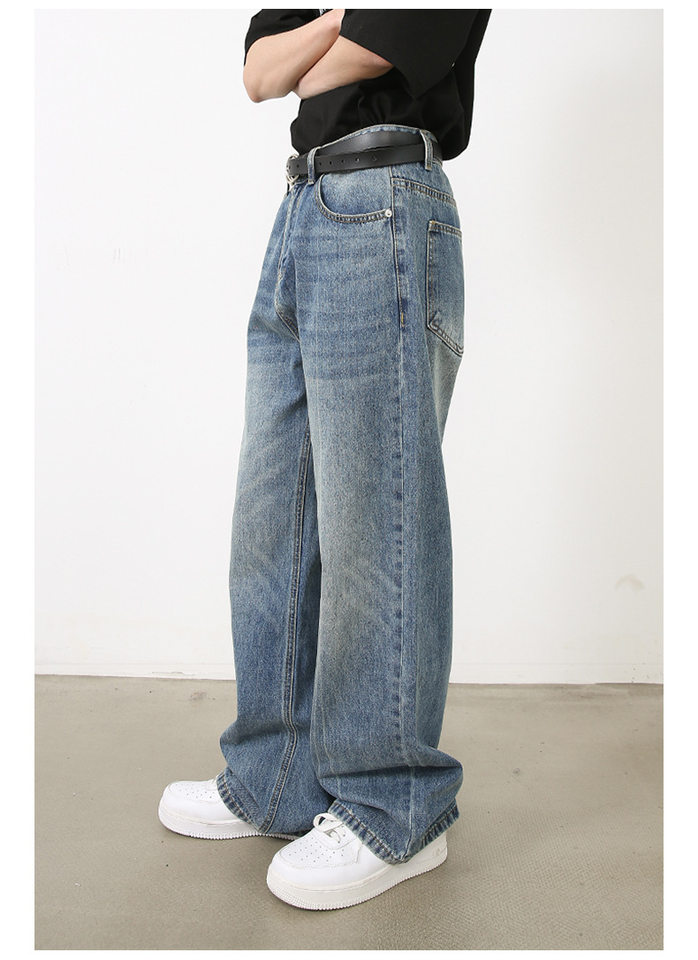 Quần jeans nam ống đứng dáng suông rộng, denim xử lý giặt retro phong cách Mỹ, quần dài mặc hằng ngày — Màu xanh lam chi tiết 10