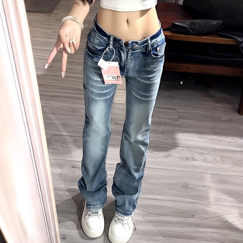 American High Street Style Frayed Low-Waist Flared Jeans for Women, 2025 New Design, Stretchy Slim-Fit Straight Long Pants