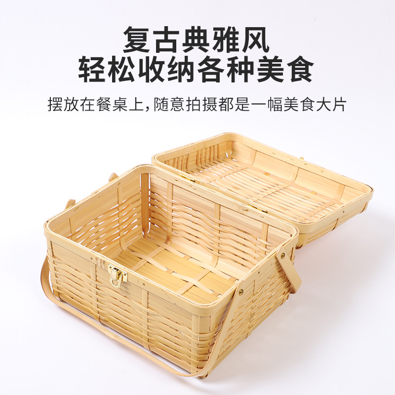 Cesta de comidas al aire libre caja de bento cesta de almacenamiento bambú trenzado camping picnic cesta de mano caja de comidas