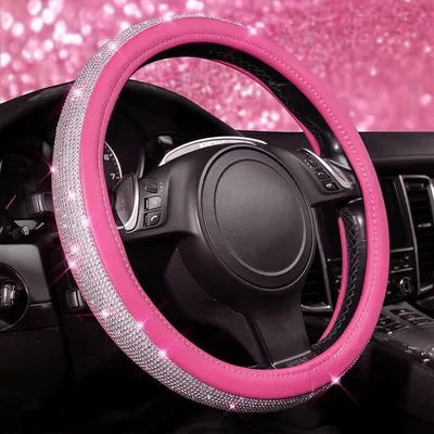 with Inner Ring and Rhinestones, Steering wheel cover - pink-leather-38cm