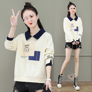 Fleece-Lined Casual Turn-Down Collar Faux Two-Piece Sweatshirt for Women, Spring and Autumn 2022 New Loose Slimming Pullover Top Jacket