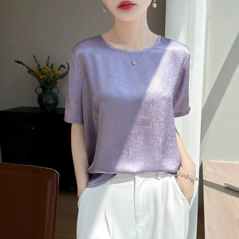 Light Luxury Three-Dimensional Textured Round-Neck Short-Sleeve Women's Acetate Silk-Like Casual Slimming Straight-Shoulder Short-Sleeve Elegant T-Shirt