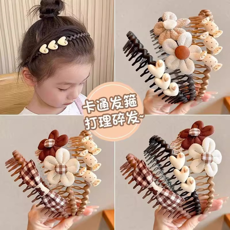 儿童秋冬奶咖可爱花朵发箍女童碎发梳卡通发卡带齿防滑碎发头箍女|undefined