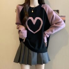 圆领提花针织衫女秋冬爱心拼色毛衣显瘦遮肚打底上衣黑色白枕鹤