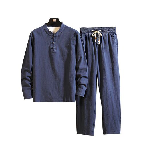 Chinese-style menswear Tang suit buttoned linen T-shirt for men long sleeve spring and autumn cotton linen loose Hanfu scholar attire