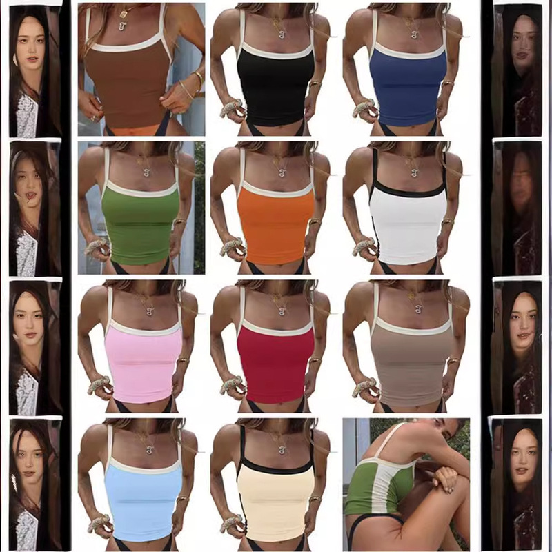 2025 European and American Spring New Women's Clothing Color-Blocked Camisole Slim Fit Ultra-Short Sexy Backless Basic Tank Top
