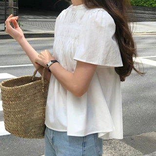 韩系chic夏季法式温柔花边立领褶皱感宽松休闲泡泡袖衬衫上衣女