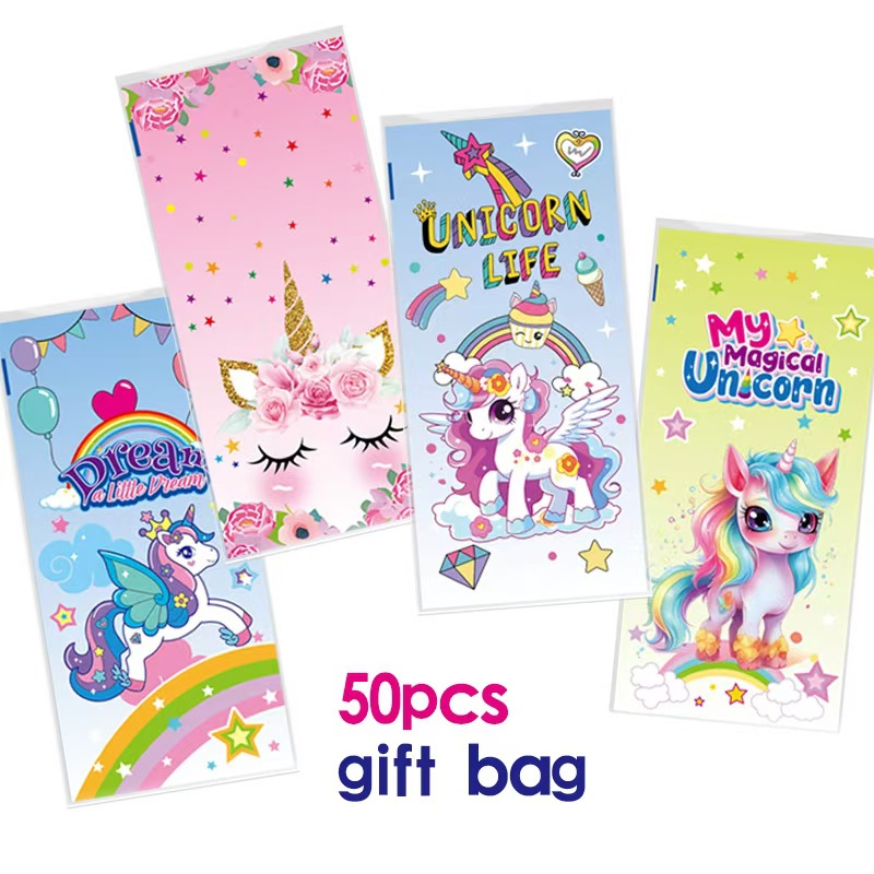 Cross-border arco iris unicornio bolsa de dulces impresión de dibujos animados opp pidiendo bolsa de azúcar bolsa de embalaje de pan de plástico