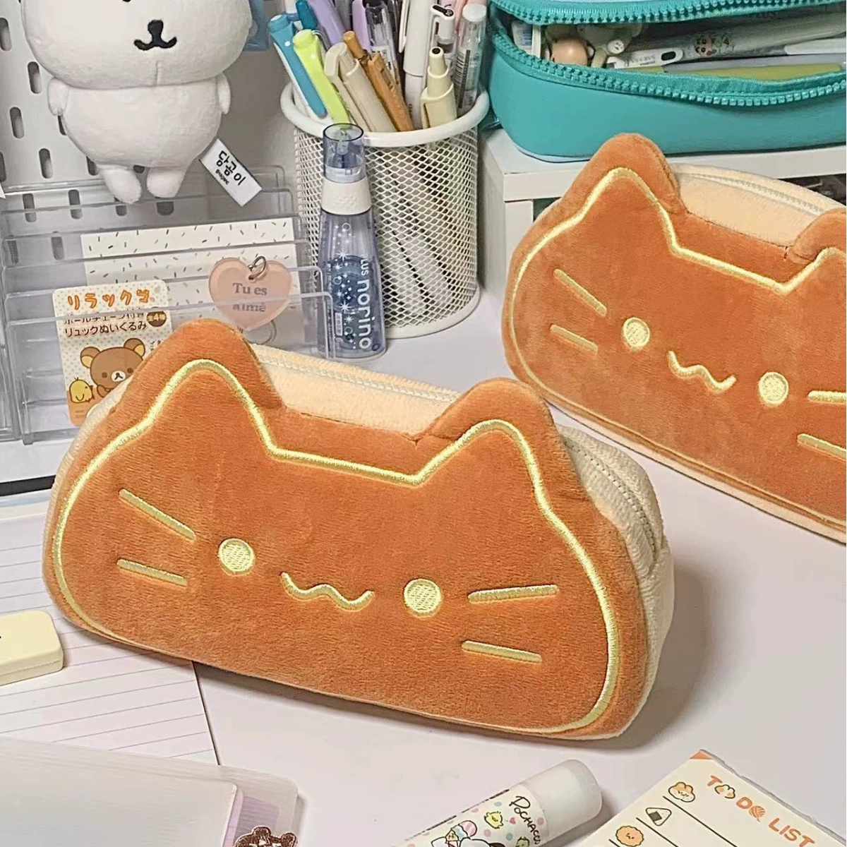 Пенал Cute с котиком, вместительный органайзер для канцелярии, карамельный