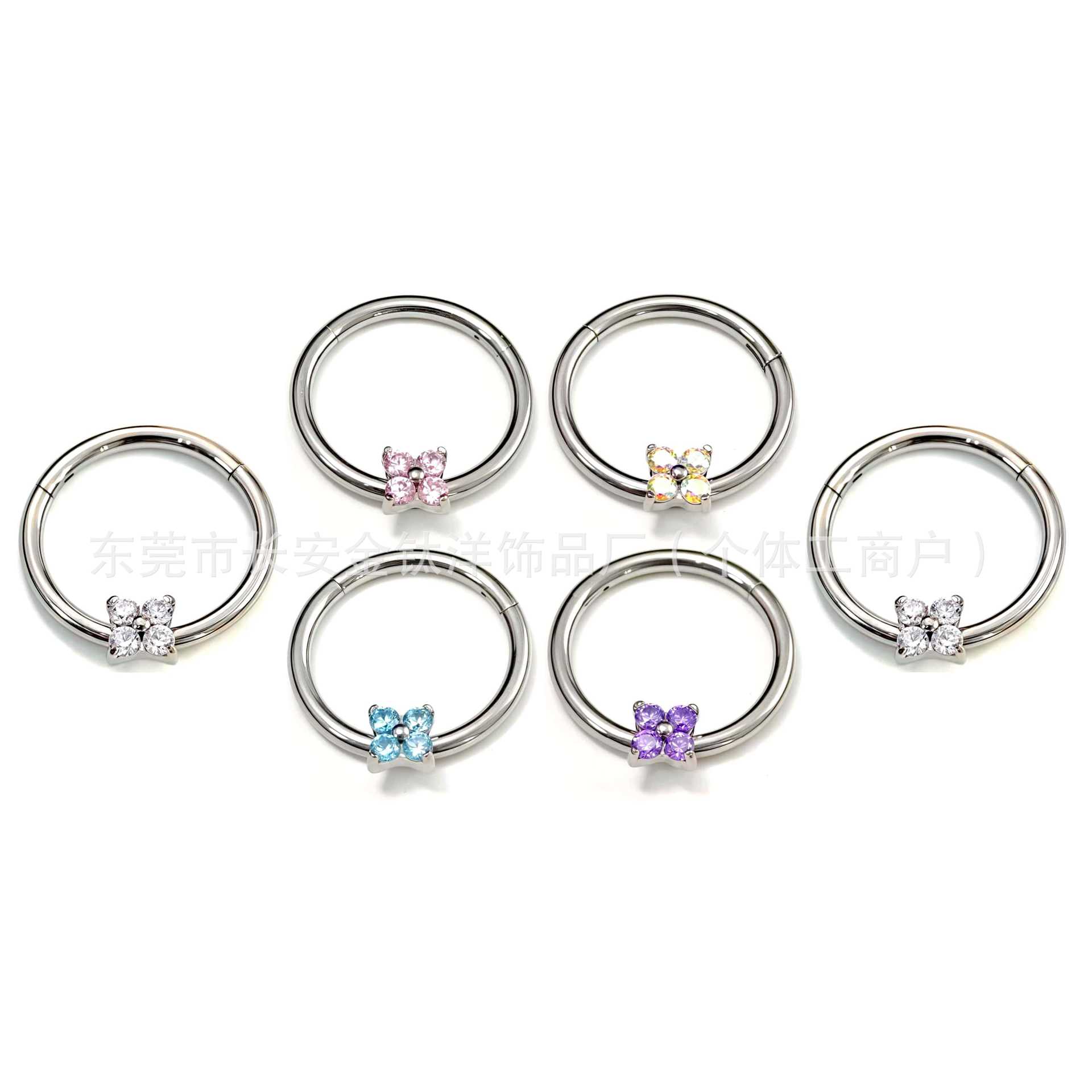 F136 Titanium Four-Leaf Clover Zircon Seamless Open Ring Nose Septum Earring - Blue Zircon detail image 8
