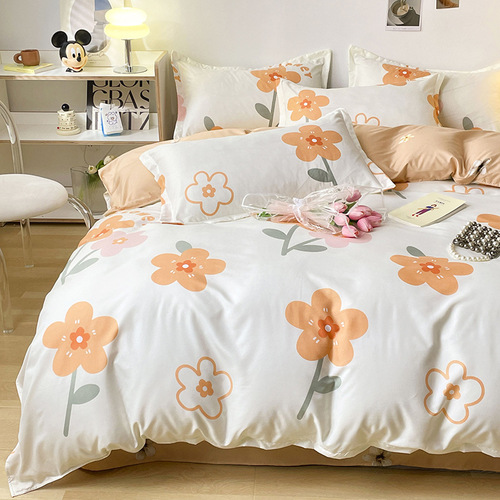 Ins Spring Fresh Skin-friendly Aloe Cotton Four-piece Set Flocked Sheet Set and Comforter Set Student Dormitory Bed Three-piece Set