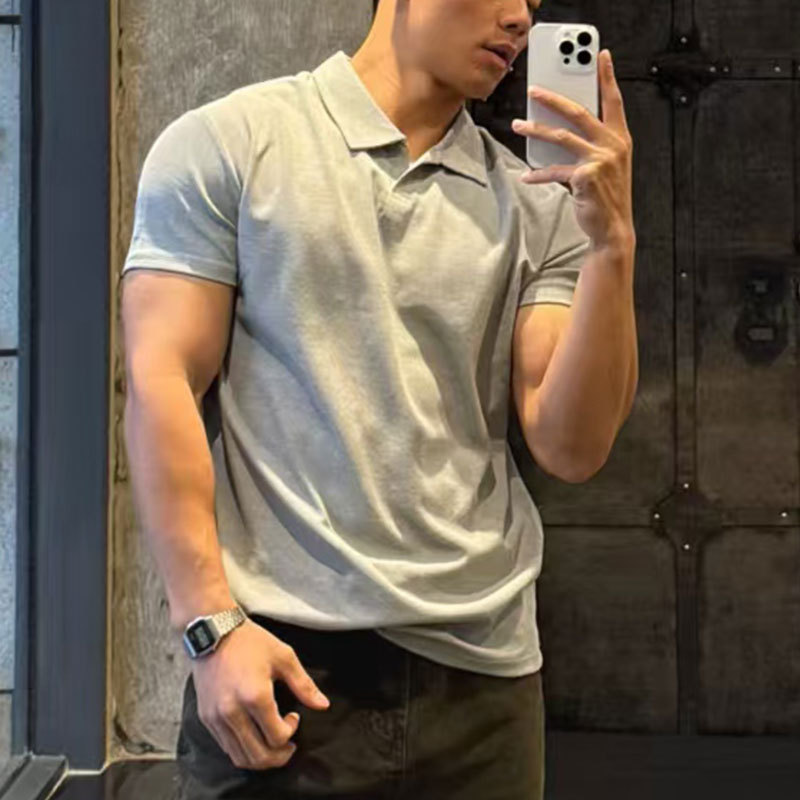 健身短袖男士夏季简约纯色中式POLO衫亨利领运动透气收袖口短袖潮|undefined