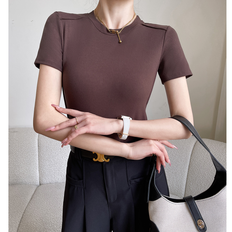 Q popular 280G modal hombro derecho espina de pescado cuello redondo Camiseta ajustada de manga corta para mujer verano 2024 top suelto