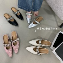 法式百搭半拖鞋女外穿2025春夏包头尖头浅口金属扣内增高凉拖鞋
