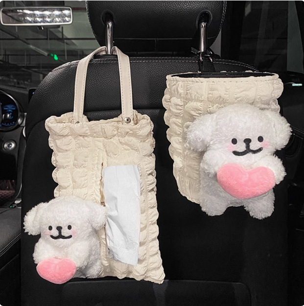 Car Trash Bin Tissue Box Two-in-One Cartoon Line Dog Girl Doll Car Accessories Ornaments Tissue Box