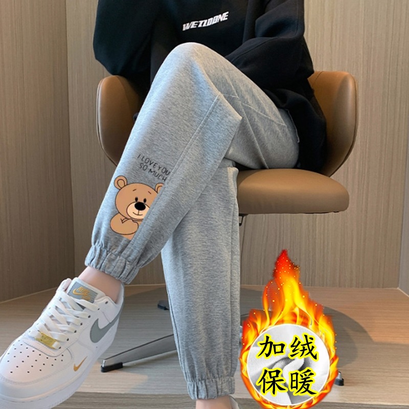 레터 베어 레깅스 그레이 팬츠 플러스 벨벳