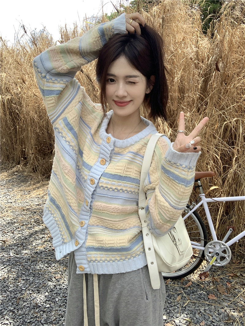 K New Loose Striped Cardigan Versatile Knitted Sweater Thin Open Cardigan For Women_voghion.com