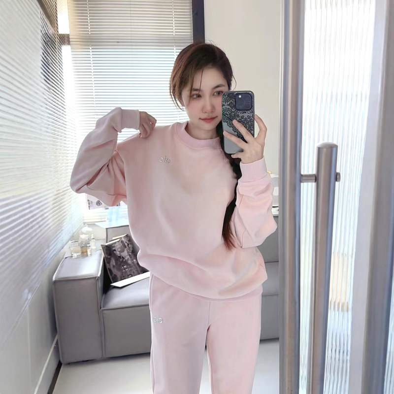 Alo2025 Spring Letter Logo Terry Round Neck Long-Sleeved Loose Couple Sweatshirt Pure Color Simple Style Versatile Yog