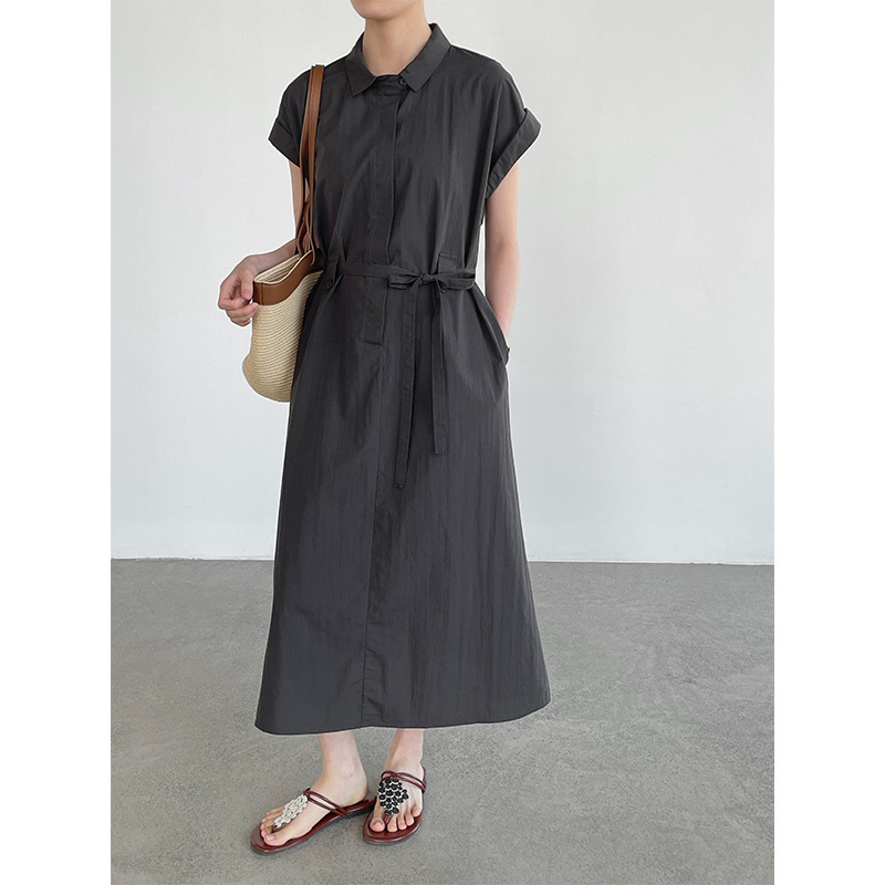 Taochuan 26 Summer Simple Commuter Lapel Waist-Cinching Dress for Women, Stylish Slimming Tie-Waist Mid-Length Dress M8753