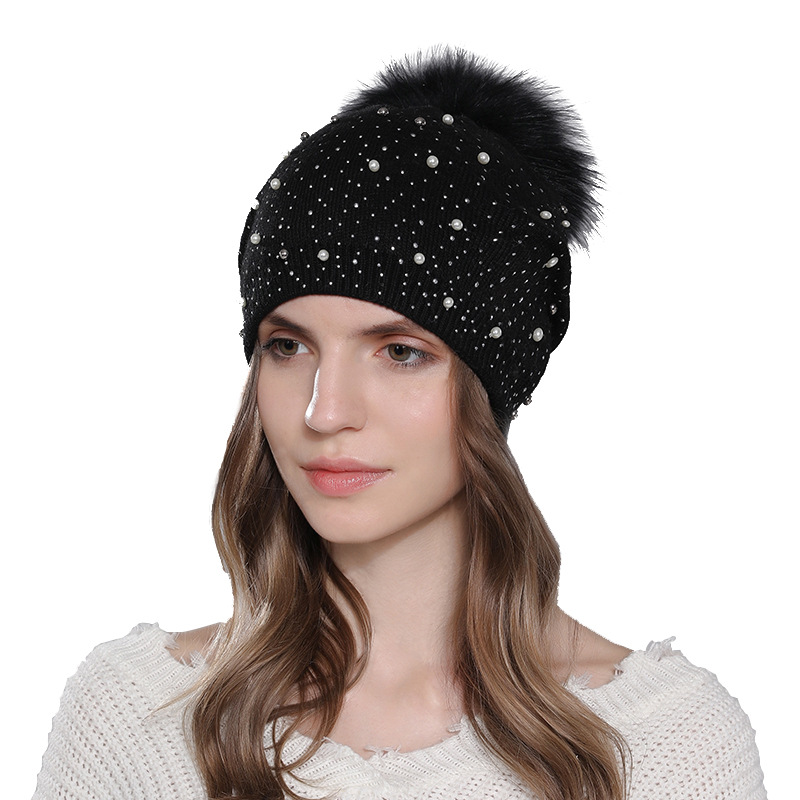 Perle de laine pour femmes pour la chaleur de l'hiver, chapeau tricoté en boule de fourrure de raton laveur, style pull à la mode pour femmes_voghion.com