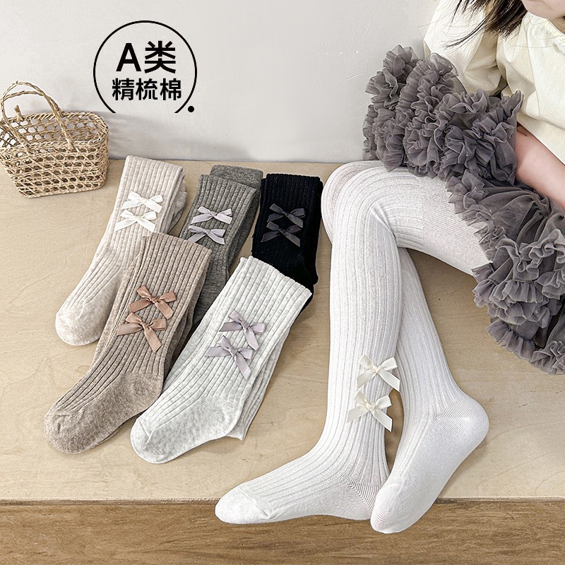 2026儿童打底裤女童连脚裤弹力纯色连裤袜春秋款蝴蝶结宝宝连裤袜