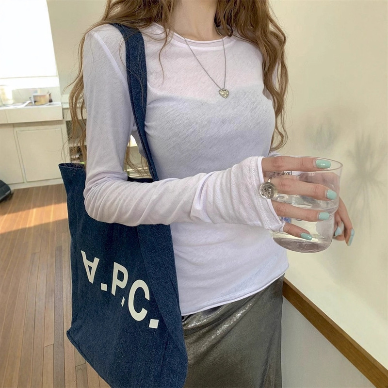 甜辣修身长袖恤显瘦内搭上衣春秋韩系薄款微透卷边打底衫女|undefined