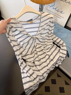 Korean Style Loose Striped Bow Hollow Sunscreen Blouse Top for Women Summer Versatile Long-Sleeved Shirt Lazy Style Collar