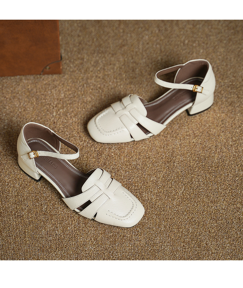 Sandal nữ da cừu mũi nhọn quai khóa gót thô 9 cm — đen chi tiết 12