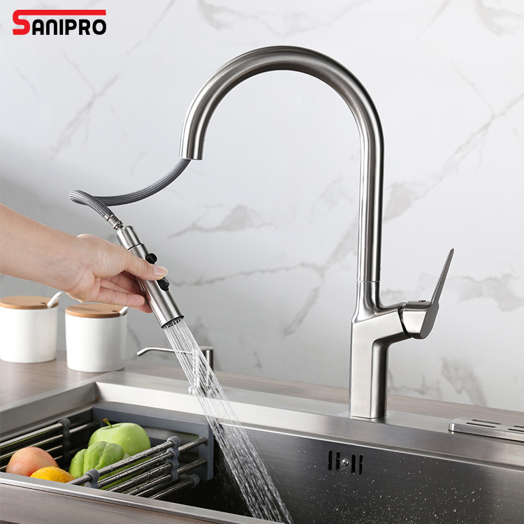 SANIPRO Desktop Mount Three Function Stainless Steel Flexible Pull Spray Kitchen Sink Faucet