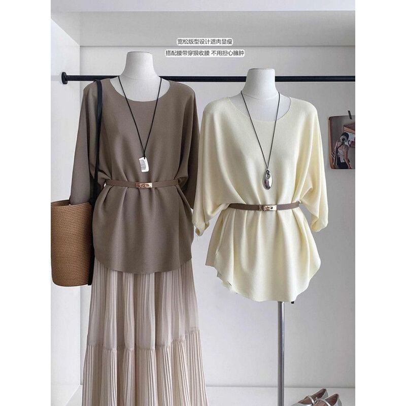 Plus-Size Women's Summer New Old Money Style Ice Silk Round Neck Short-Sleeve Knit Top, Loose Fit, Slimming, Mid-Length