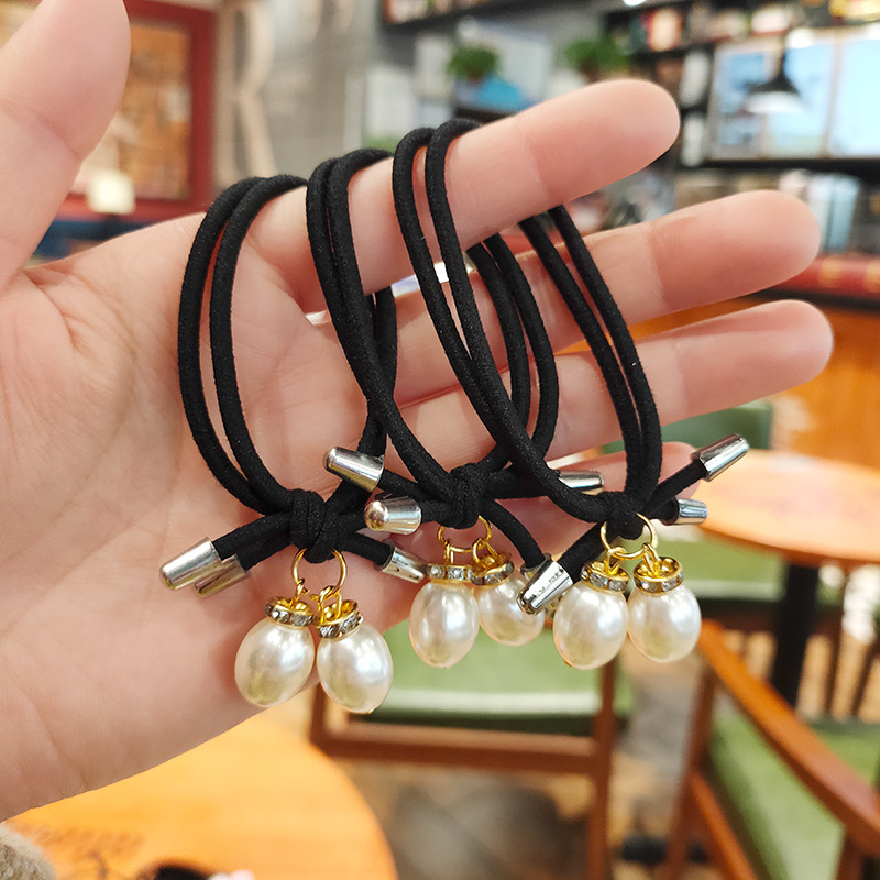 韩版时尚新款发饰 两颗大珍珠水钻手工打结皮筋发圈高弹力皮筋|ms