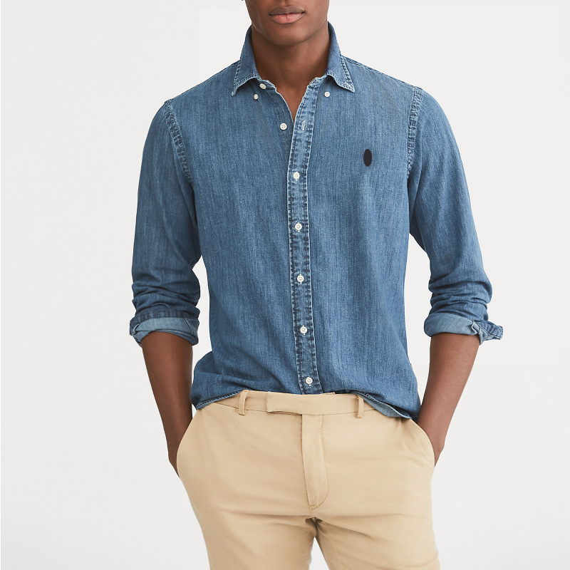 Men's Denim Shirt Thin Jacket Spring and Autumn Long-Sleeve Shirt Youth American Style Trendy Brand Embroidered Pony Logo Top