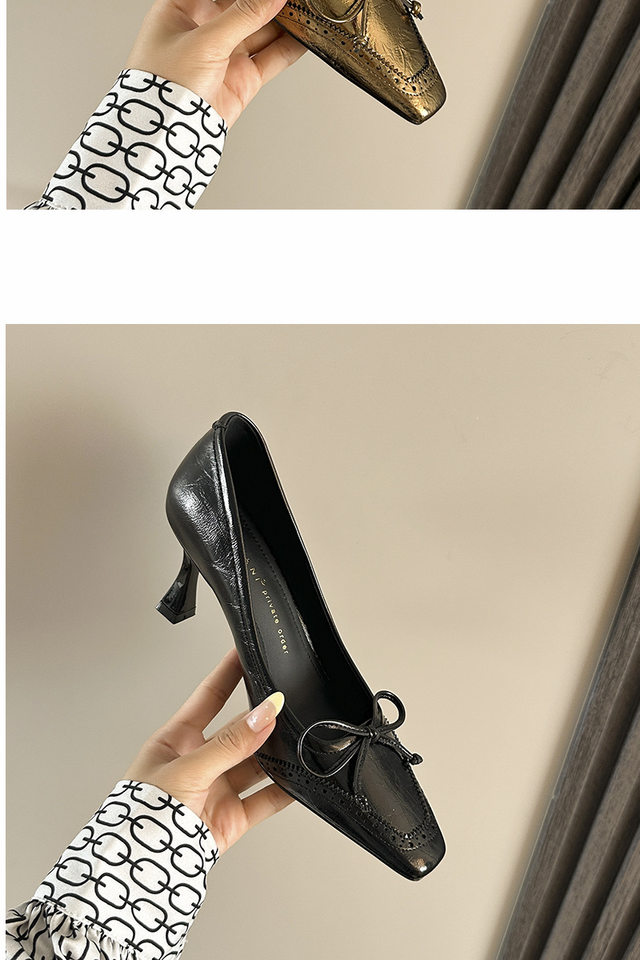 Giày cao gót nữ mũi vuông gót nhọn 6–8 cm phối nơ, chạm khắc họa tiết, thanh lịch — Màu nâu, Vàng cổ, màu đen chi tiết 13