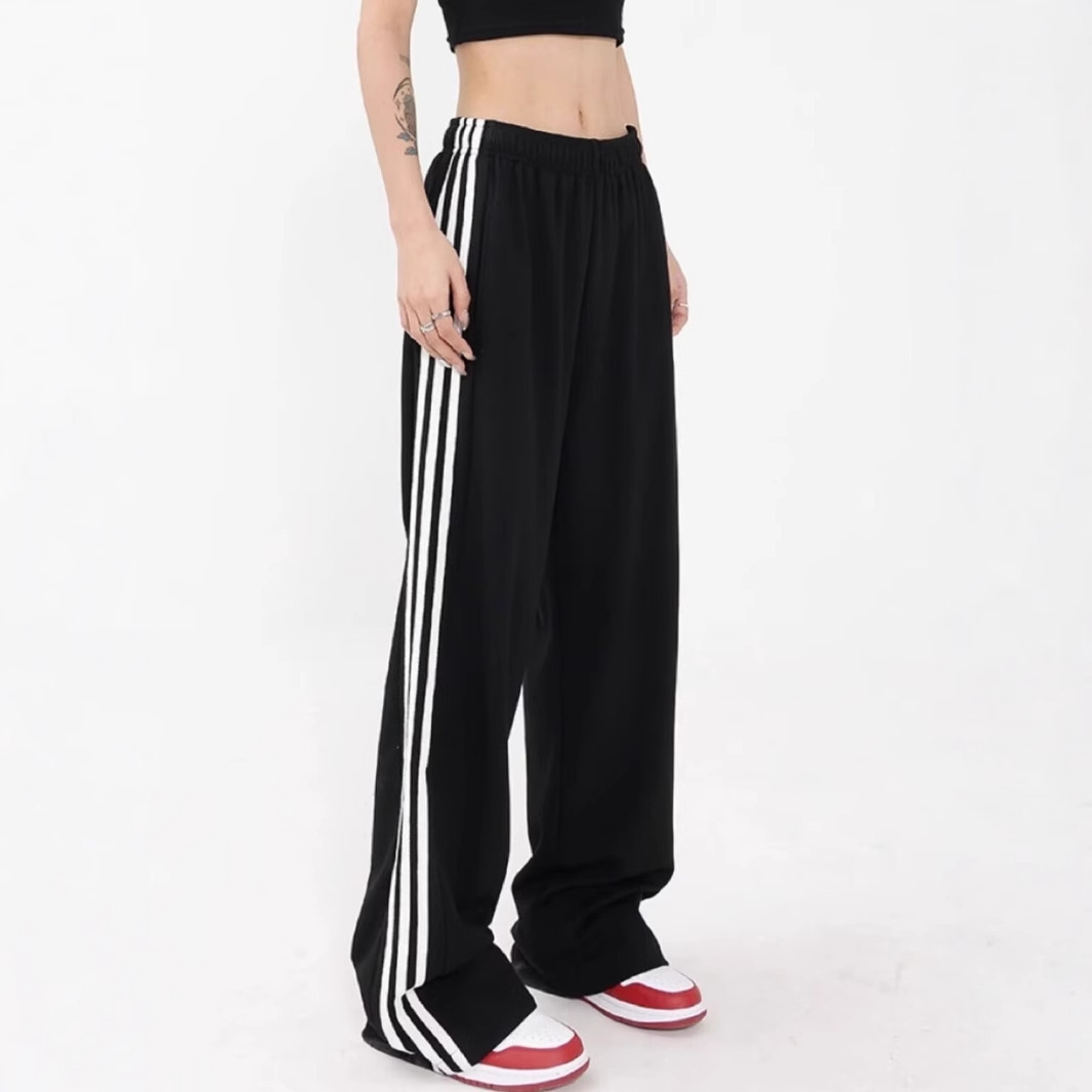 高街宽松休闲舒适运动裤松紧腰女夏季美式设计感三条杠直筒阔腿