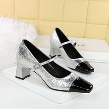 5298 Retro Mary Jane Light Luxury Women's Shoes Water Diamond One Word Belt Square Head Thick Heel Middle Heel Leather Splicing Single Shoe