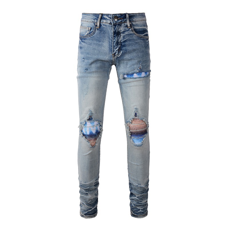 Herrenbekleidung im gleichen Stil, Katzenschnurrhaare, zerknitterte Farbe, Patchwork, Lederpatch, Loch, elastische Slim Fit-Röhrenjeans_voghion.com