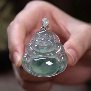 Ice-Type Green Jadeite Buddha Pendant for Women, Floating Flower Laughing Buddha, Burmese Jade Necklace, Ice-Transparent Jade Buddha Laughing Buddha