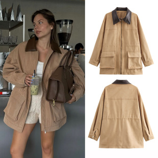 2025 Spring and Autumn Lapel Contrast Color Big Pocket Suede Mid-Length Jacket Cross-Border Amazon Women's Wear A1924079