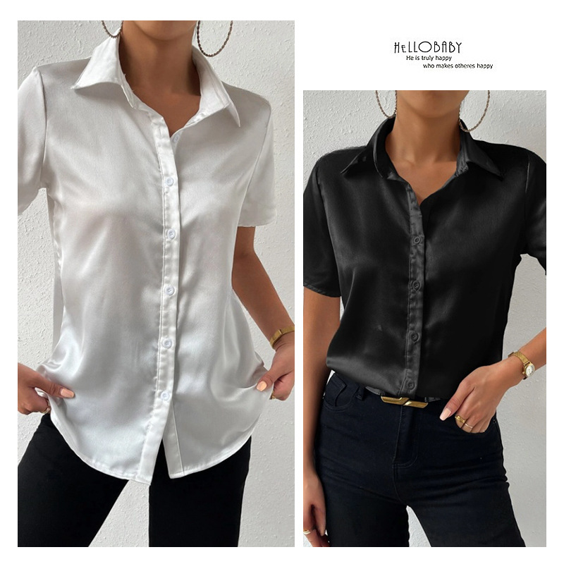 Camisa de satén con botones en stock, éxito de ventas en Amazon 2025, top casual holgado de satén, ropa de mujer transfronteriza