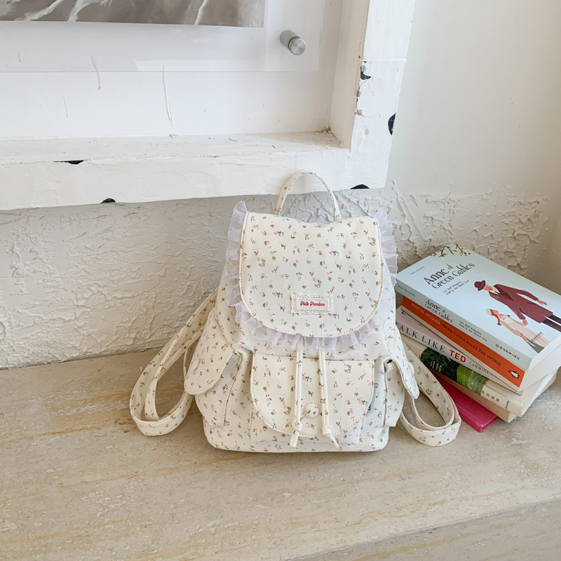 Korean-style floral print bag for women, 2026 new model, fresh and youthful, suitable for commuting, versatile large-capacity canvas backpack